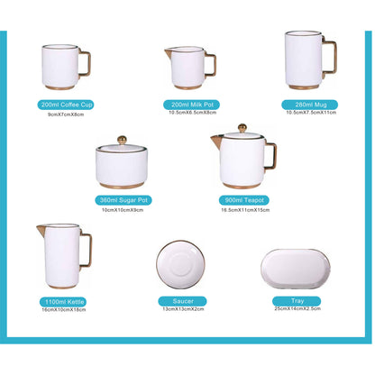 White Ceramic Tea and Coffee Set with Golden Edges and Shiny Surface – 8-Piece Collection