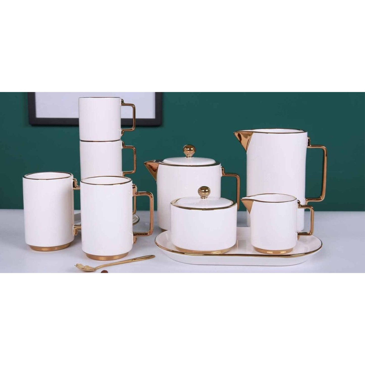 White Ceramic Tea and Coffee Set with Golden Edges and Shiny Surface – 8-Piece Collection