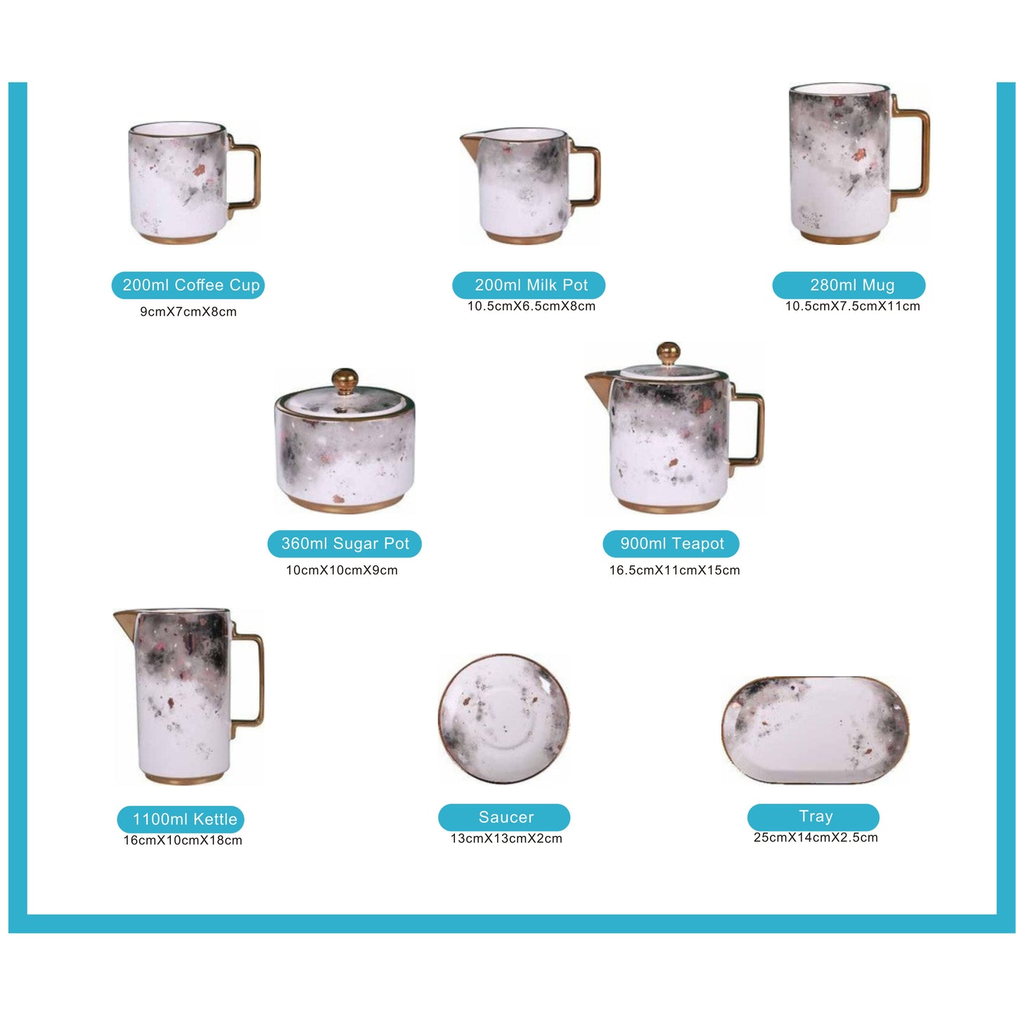 White Ceramic Tea and Coffee Set with Moon Pattern, Golden Edges, and Shiny Surface – 8-Piece Collection