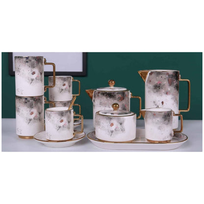 White Ceramic Tea and Coffee Set with Moon Pattern, Golden Edges, and Shiny Surface – 8-Piece Collection