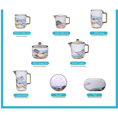 White Ceramic Tea and Coffee Set with Colorful Mountain Design, Golden Edges, and Shiny Surface – 8-Piece Collection