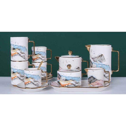 White Ceramic Tea and Coffee Set with Colorful Mountain Design, Golden Edges, and Shiny Surface – 8-Piece Collection