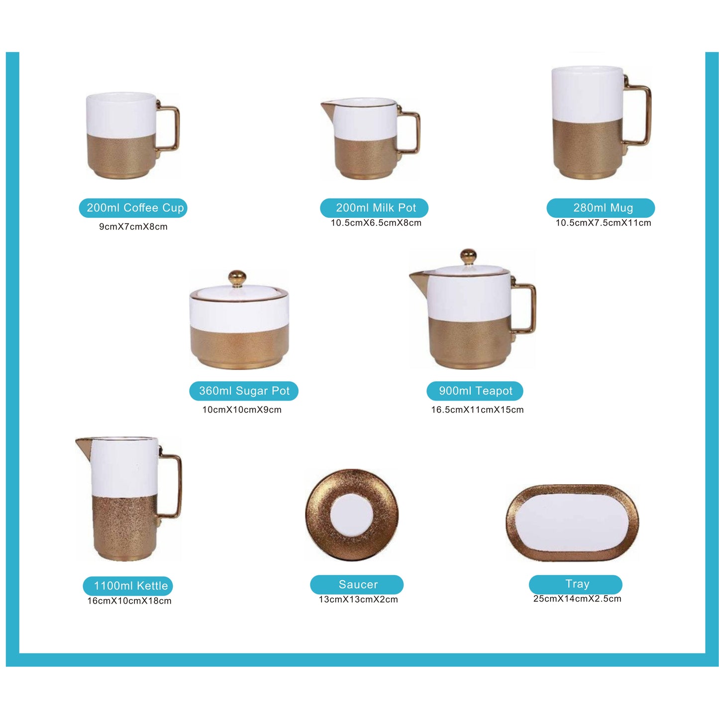 White and Brown Ceramic Tea and Coffee Set with Golden Edges and Shiny Surface – 8-Piece Collection