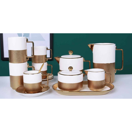 White and Brown Ceramic Tea and Coffee Set with Golden Edges and Shiny Surface – 8-Piece Collection