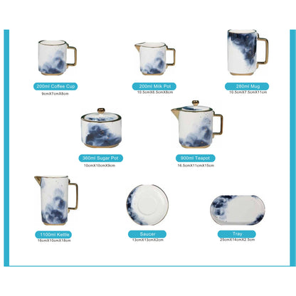 White Ceramic Tea and Coffee Set with Blue Smoke Effect, Golden Edges, and Shiny Surface – 8-Piece Collection