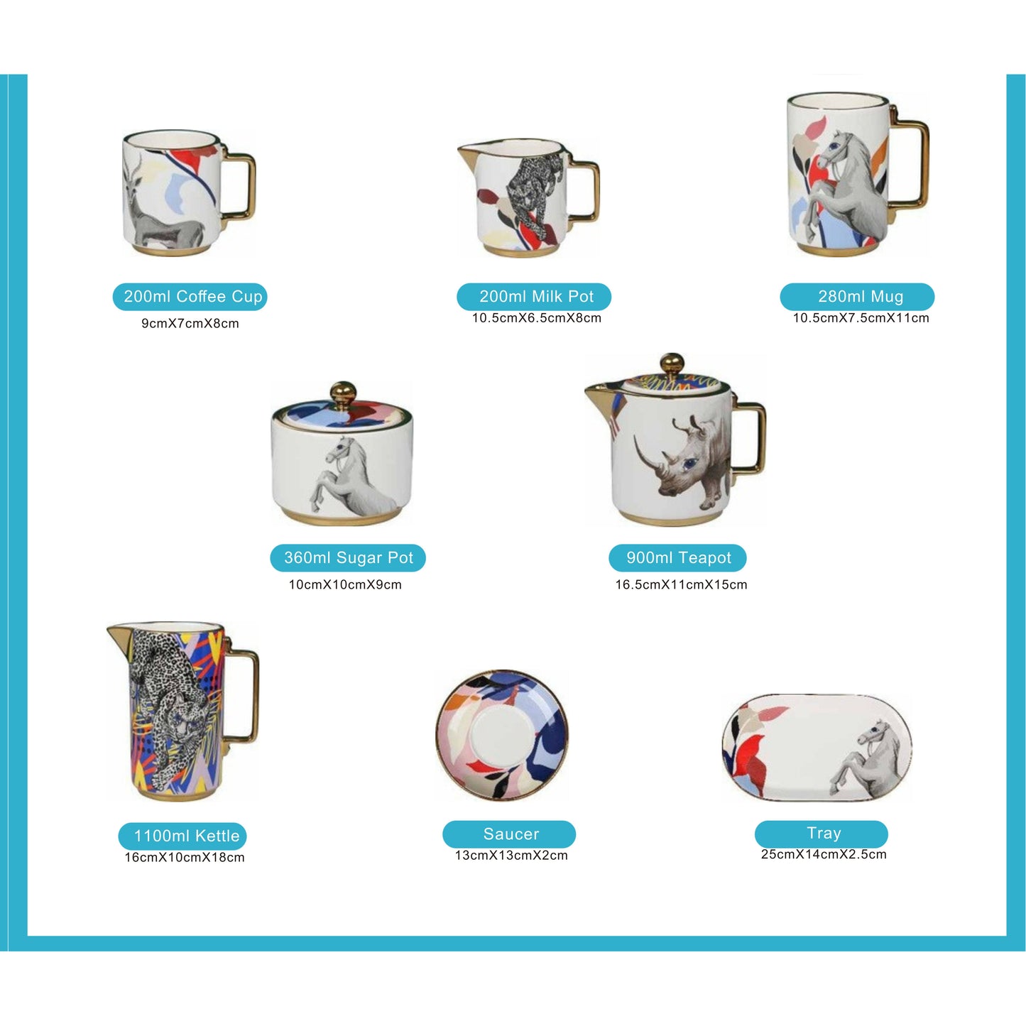 White Ceramic Tea and Coffee Set with Colorful Animal Designs, Golden Edges, and Shiny Surface – 8-Piece Collection