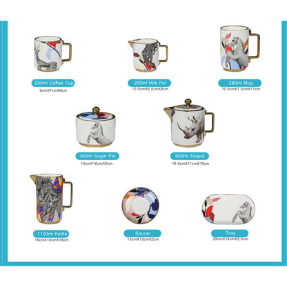 White Ceramic Tea and Coffee Set with Colorful Animal Designs, Golden Edges, and Shiny Surface – 8-Piece Collection