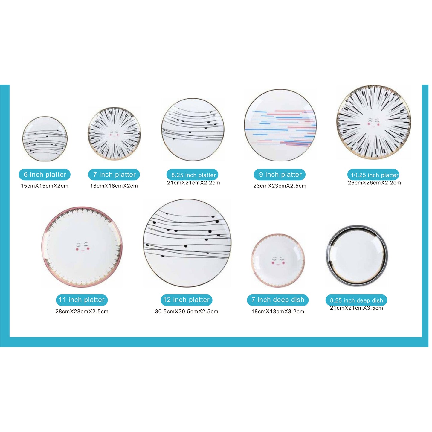Smiley & Line Pattern White Ceramic Dinnerware Set with Shiny Surface – 9-Piece Collection