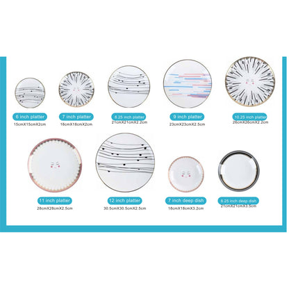 Smiley & Line Pattern White Ceramic Dinnerware Set with Shiny Surface – 9-Piece Collection