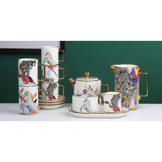 White Ceramic Tea and Coffee Set with Colorful Animal Designs, Golden Edges, and Shiny Surface – 8-Piece Collection