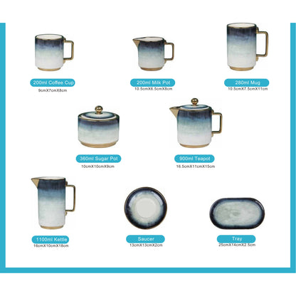 White Ceramic Tea and Coffee Set with Dark Blue Smokey Effect, Golden Edges, and Shiny Surface – 8-Piece Collection