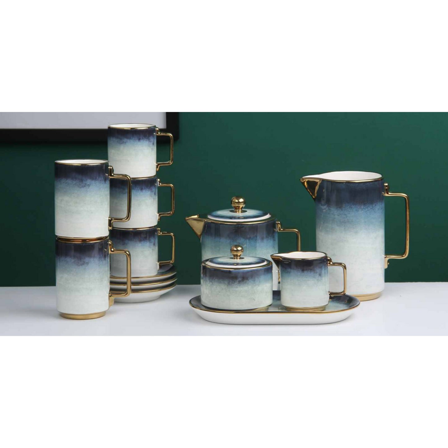 White Ceramic Tea and Coffee Set with Dark Blue Smokey Effect, Golden Edges, and Shiny Surface – 8-Piece Collection