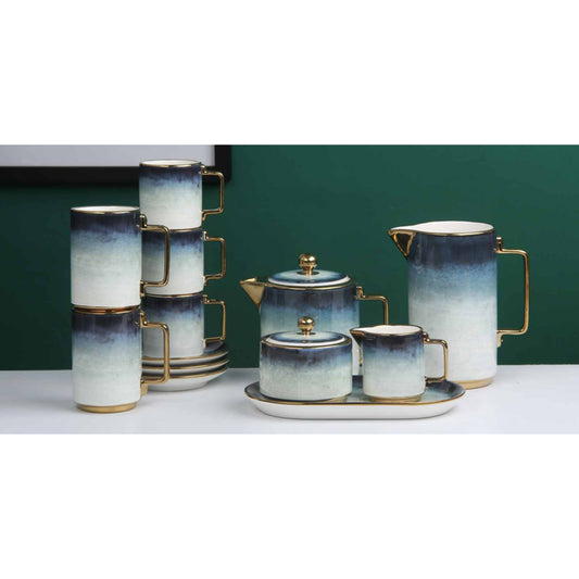 White Ceramic Tea and Coffee Set with Dark Blue Smokey Effect, Golden Edges, and Shiny Surface – 8-Piece Collection