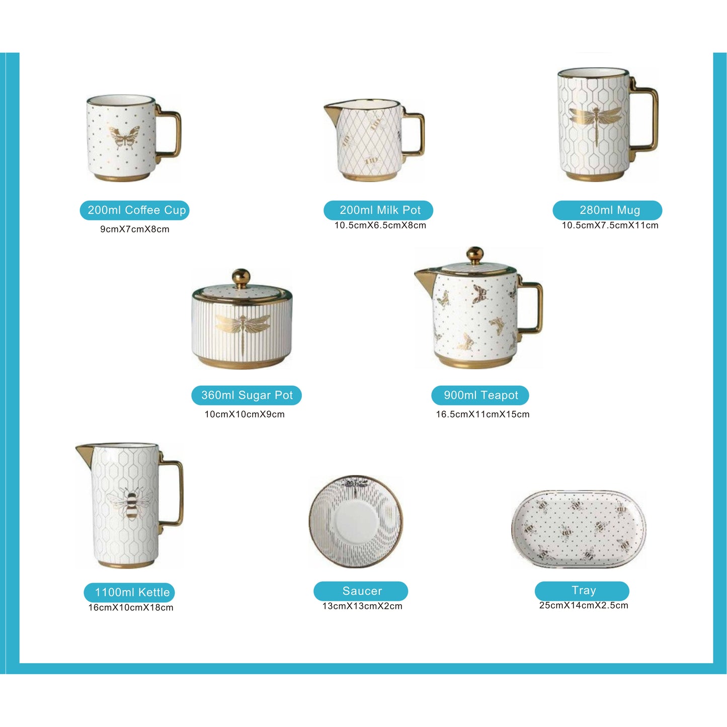 White Ceramic Tea and Coffee Set with Butterfly and Bee Pattern, Golden Edges, and Shiny Surface – 8-Piece Collection