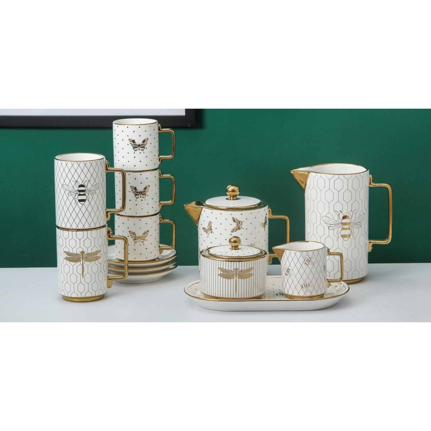 White Ceramic Tea and Coffee Set with Butterfly and Bee Pattern, Golden Edges, and Shiny Surface – 8-Piece Collection