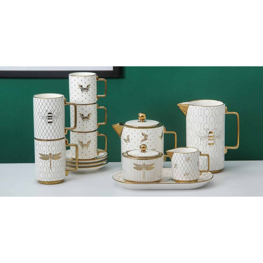 White Ceramic Tea and Coffee Set with Butterfly and Bee Pattern, Golden Edges, and Shiny Surface – 8-Piece Collection