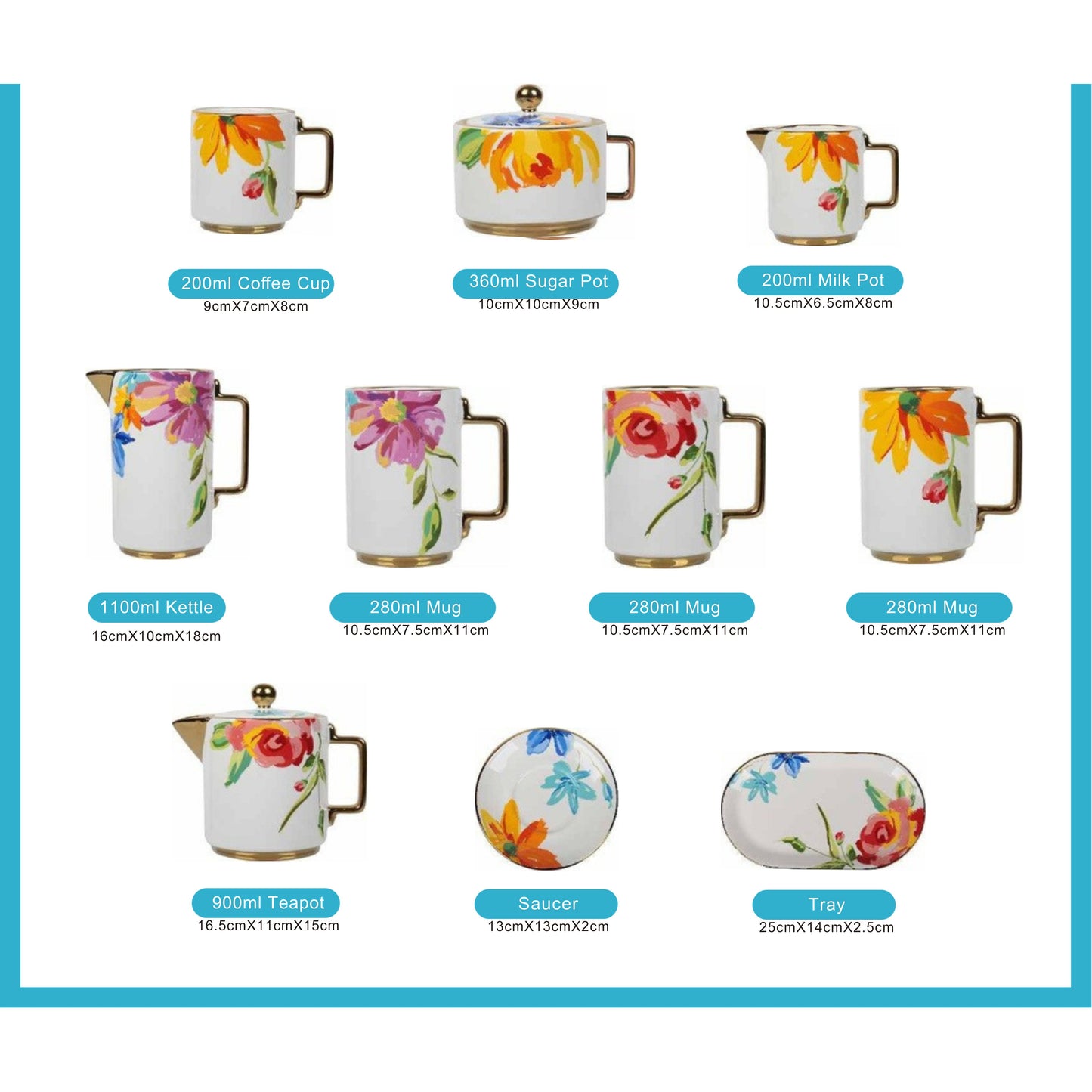 White Ceramic Tea and Coffee Set with Colorful Flower Pattern, Golden Edges, and Shiny Surface – 10-Piece Collection