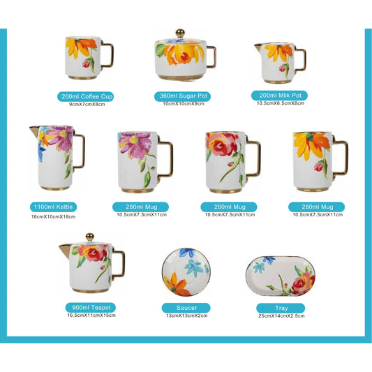 White Ceramic Tea and Coffee Set with Colorful Flower Pattern, Golden Edges, and Shiny Surface – 10-Piece Collection
