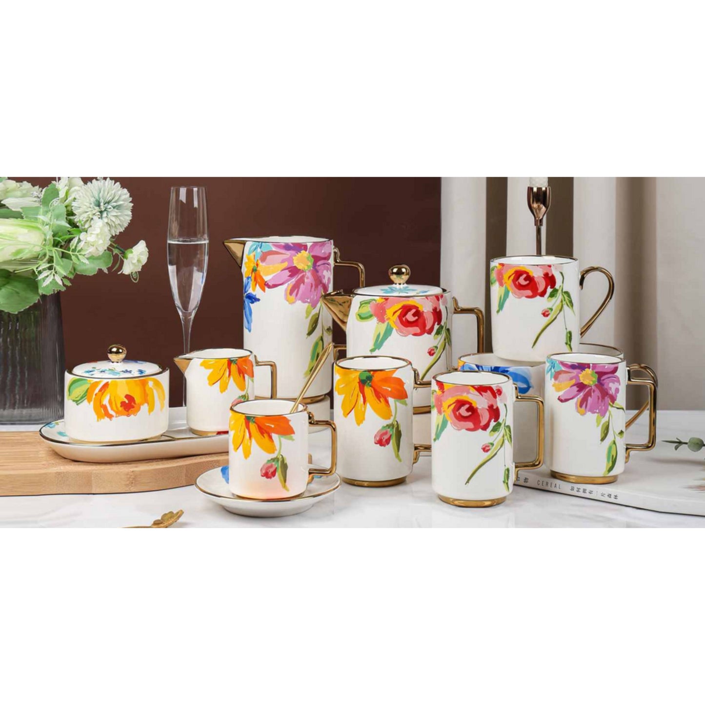White Ceramic Tea and Coffee Set with Colorful Flower Pattern, Golden Edges, and Shiny Surface – 10-Piece Collection