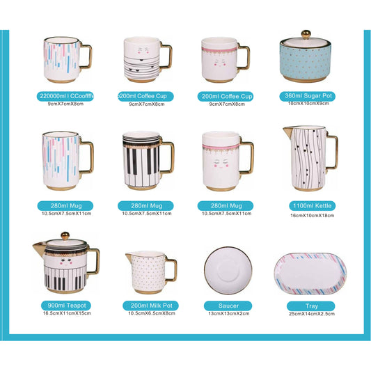 White Ceramic Tea and Coffee Set with Colorful Lines, Piano Keys, Smiley Pattern, Golden Edges, and Shiny Surface – 13-Piece Collection