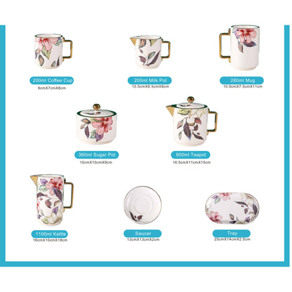 White Ceramic Tea and Coffee Set with Colorful Flowers, Golden Edges, and Shiny Surface – 8-Piece Collection