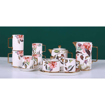 White Ceramic Tea and Coffee Set with Colorful Flowers, Golden Edges, and Shiny Surface – 8-Piece Collection