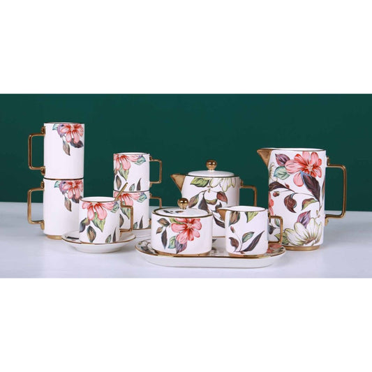 White Ceramic Tea and Coffee Set with Colorful Flowers, Golden Edges, and Shiny Surface – 8-Piece Collection