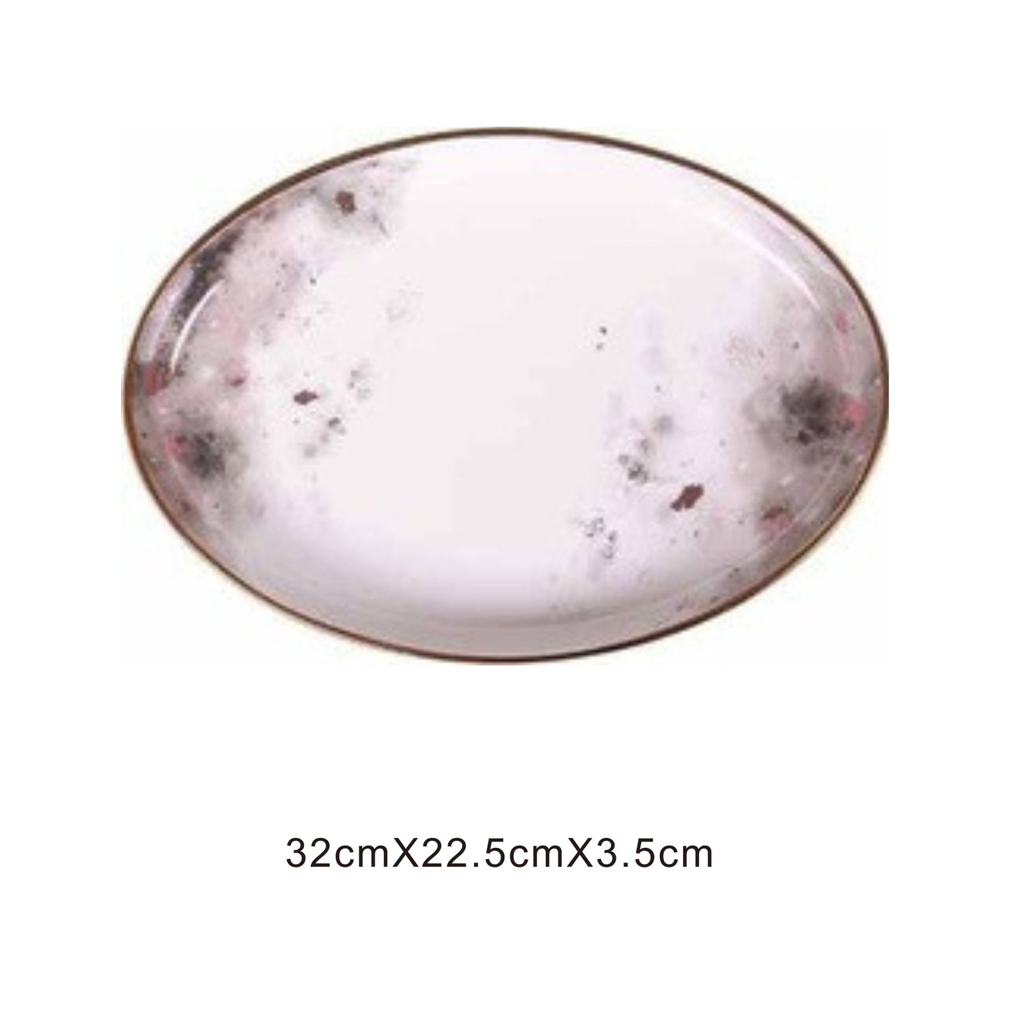 White ceramic plate with moon pattern, golden edges, and shiny surface