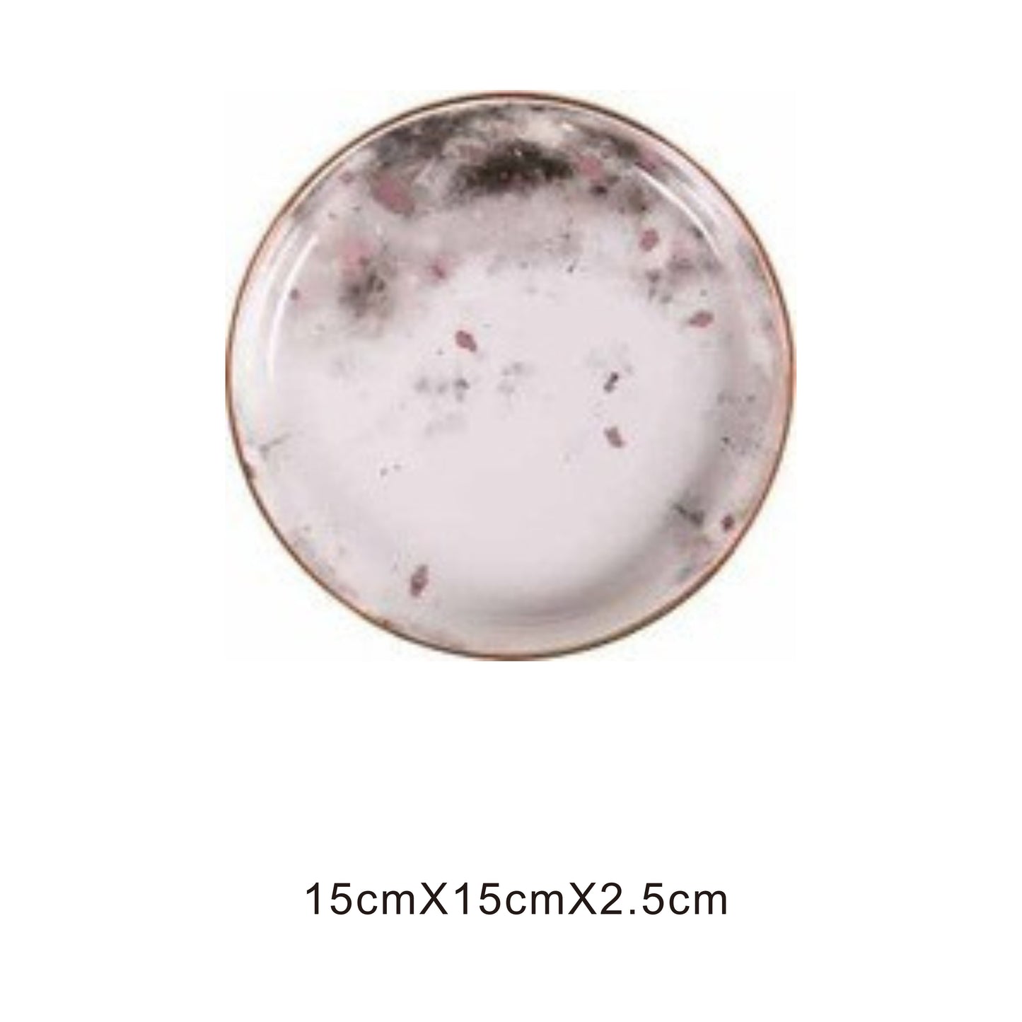 White ceramic round plate with moon pattern, golden edges, and shiny surface