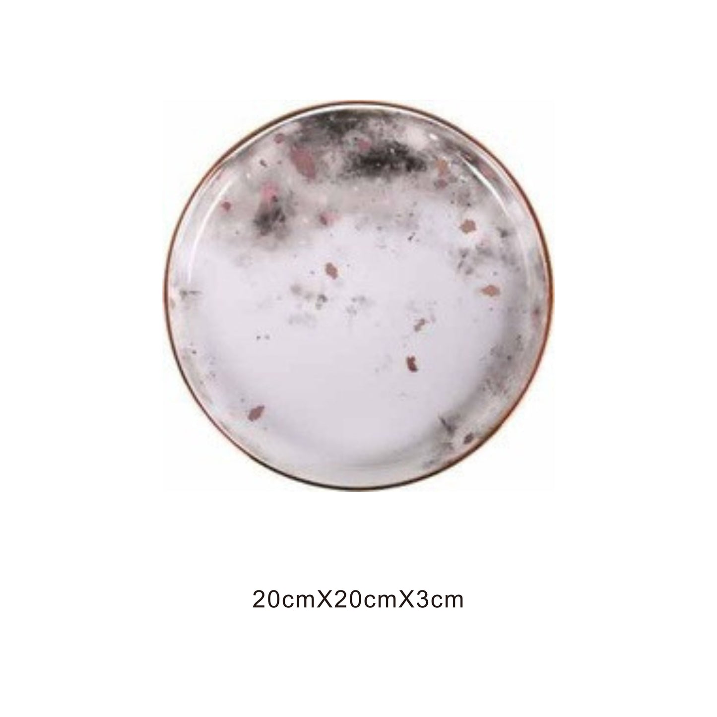 White ceramic round plate with moon pattern, golden edges, and shiny surface