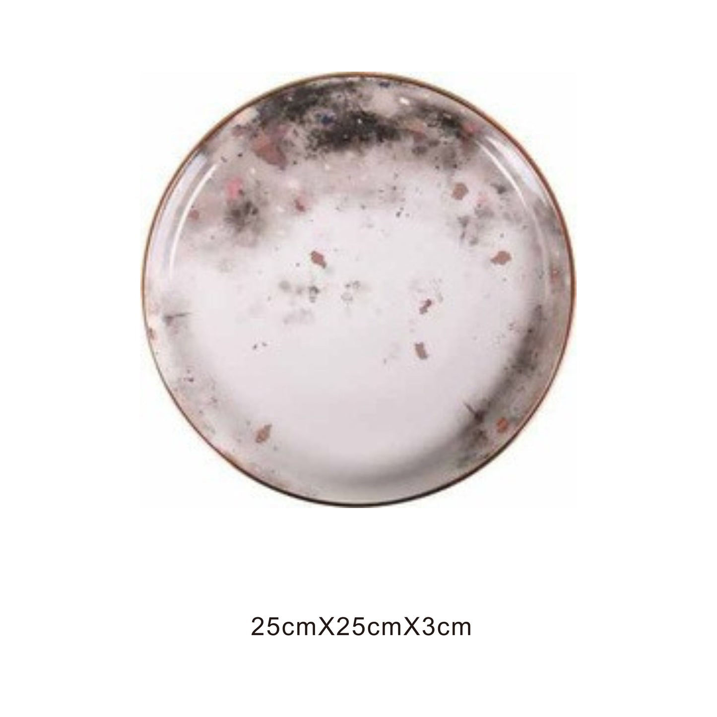 White ceramic round plate with moon pattern, golden edges, and shiny surface