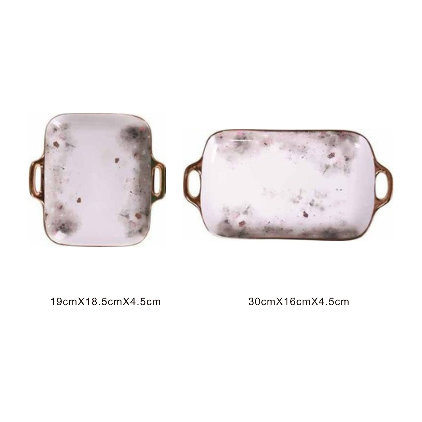 White ceramic serving dish with moon pattern, golden edges, and shiny surface