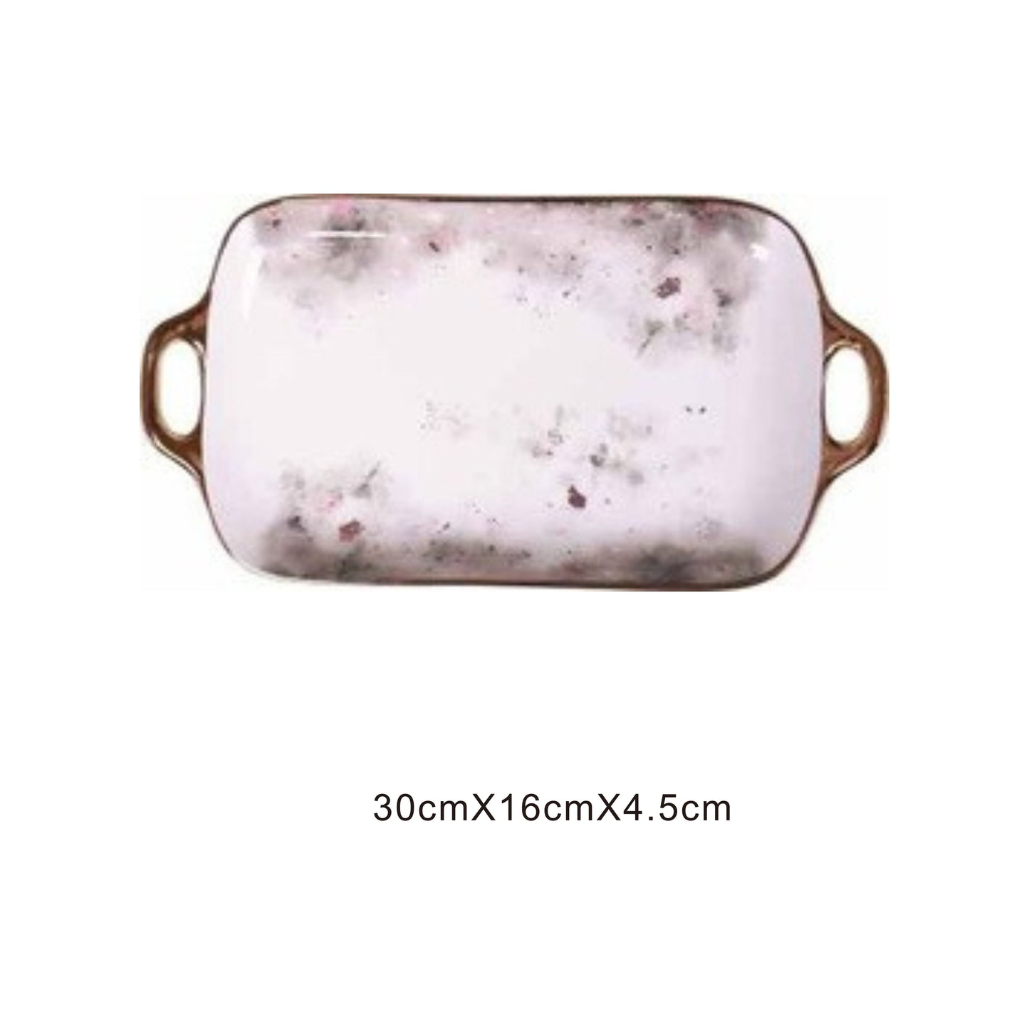 White ceramic serving dish with moon pattern, golden edges, and shiny surface
