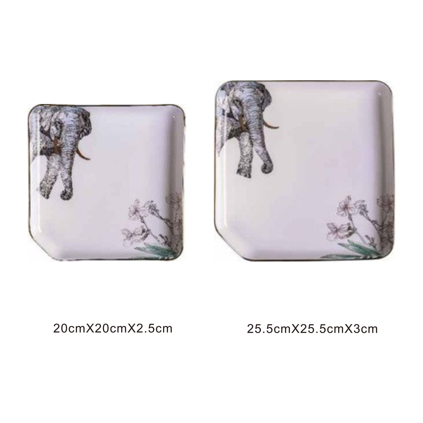 White ceramic square plate with animal face design, golden edges, and shiny surface
