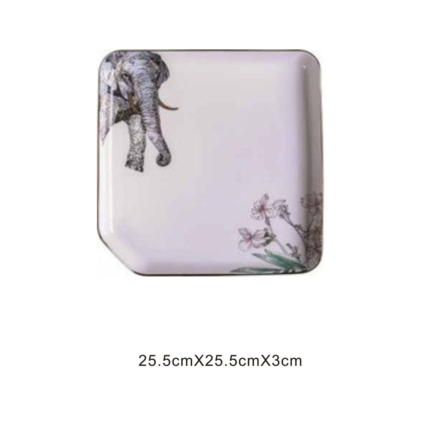 White ceramic square plate with animal face design, golden edges, and shiny surface