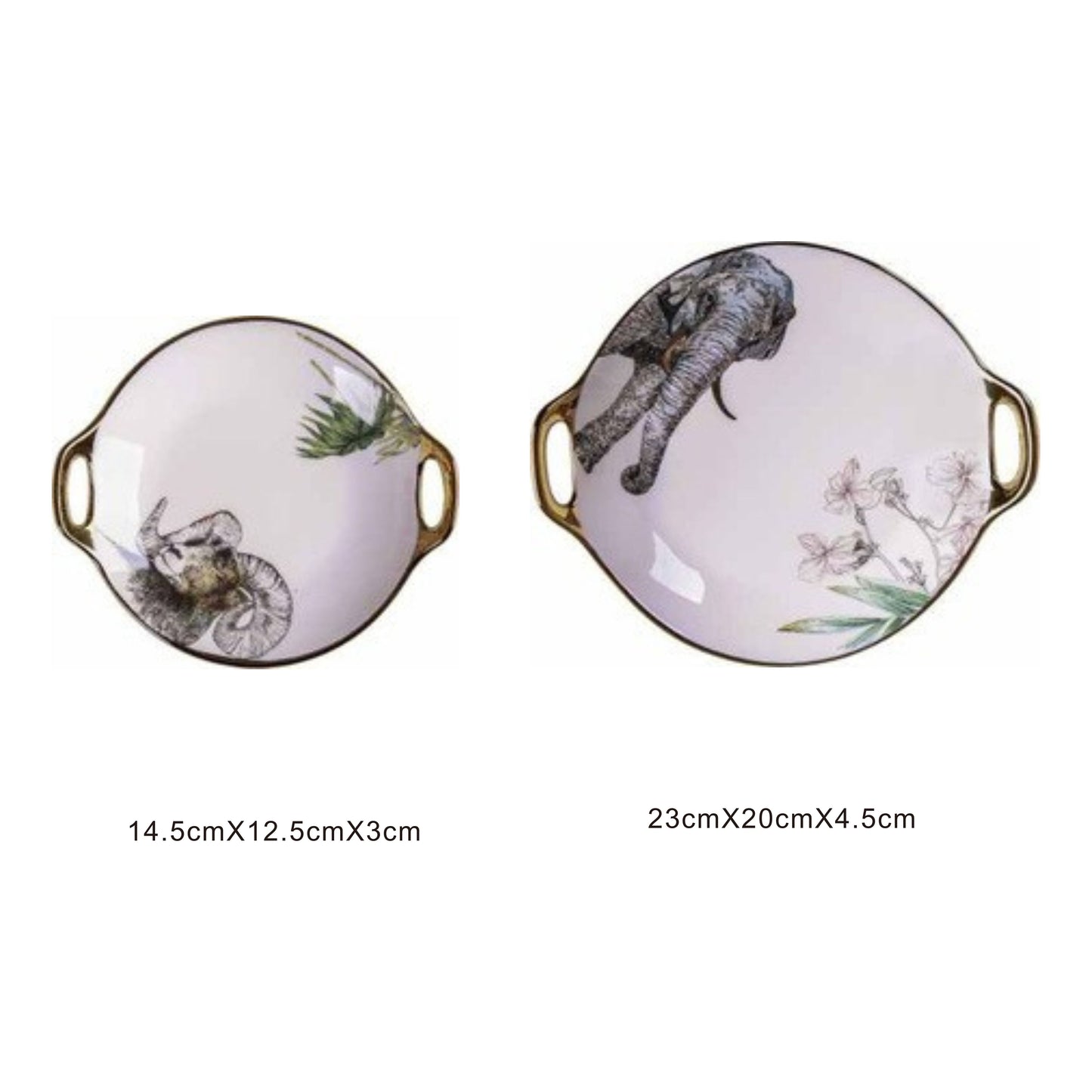 White ceramic round serving dish with animal face design, golden edges, and shiny surface