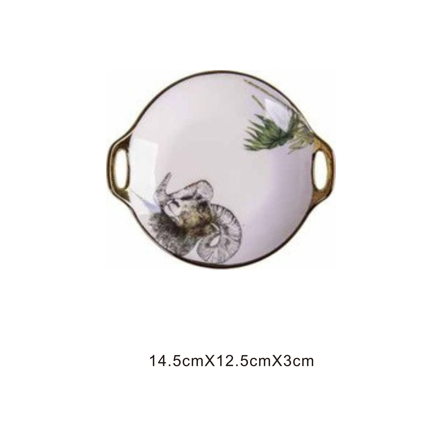 White ceramic round serving dish with animal face design, golden edges, and shiny surface