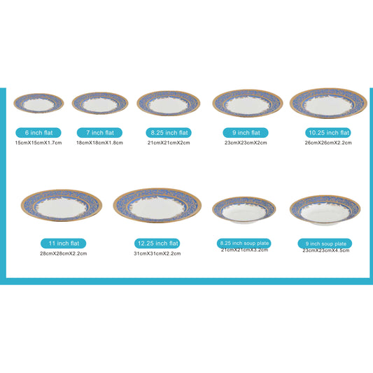 White Ceramic Dinnerware Set with Blue and Gold Edge Pattern and Shiny Surface – 9-Piece Collection