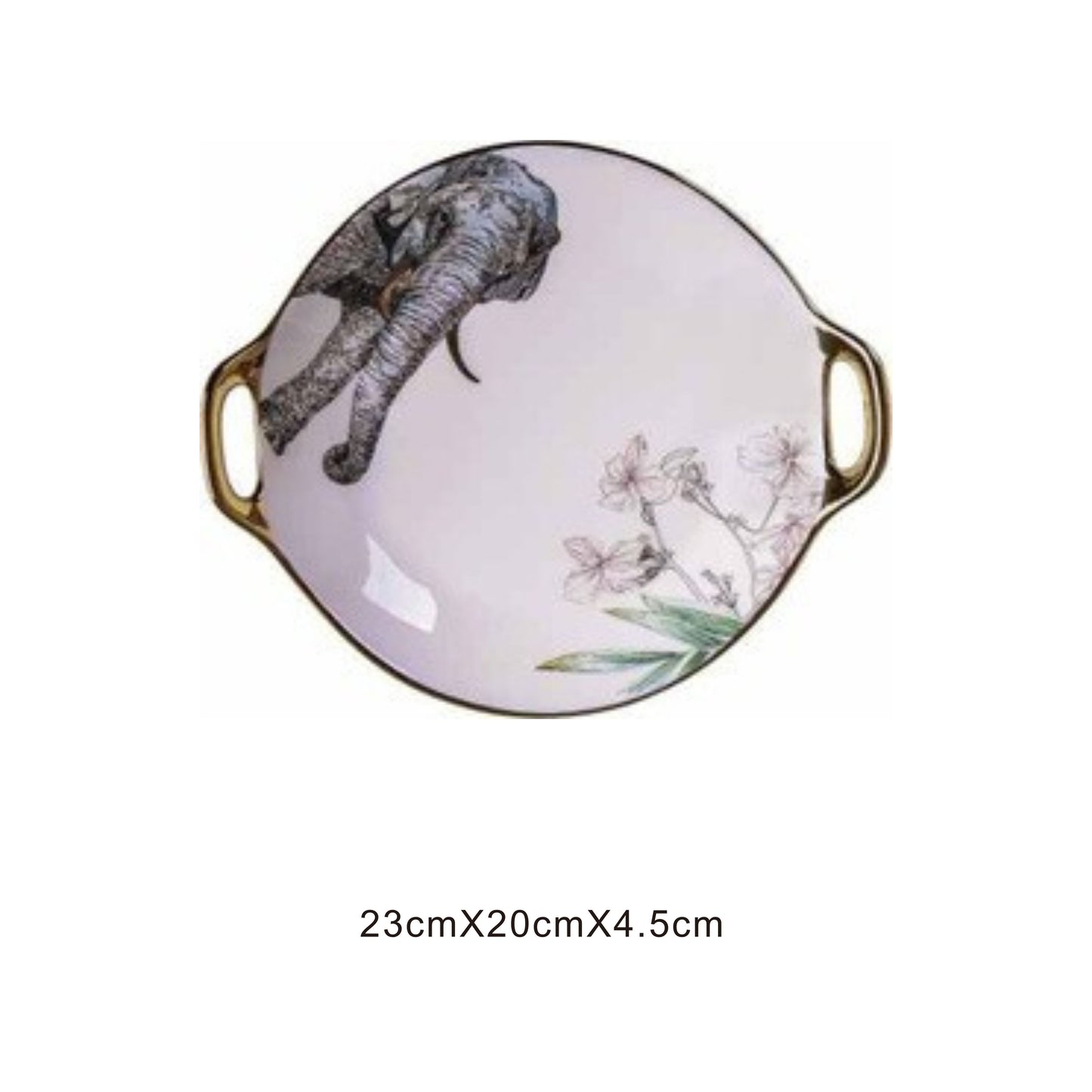 White ceramic round serving dish with animal face design, golden edges, and shiny surface