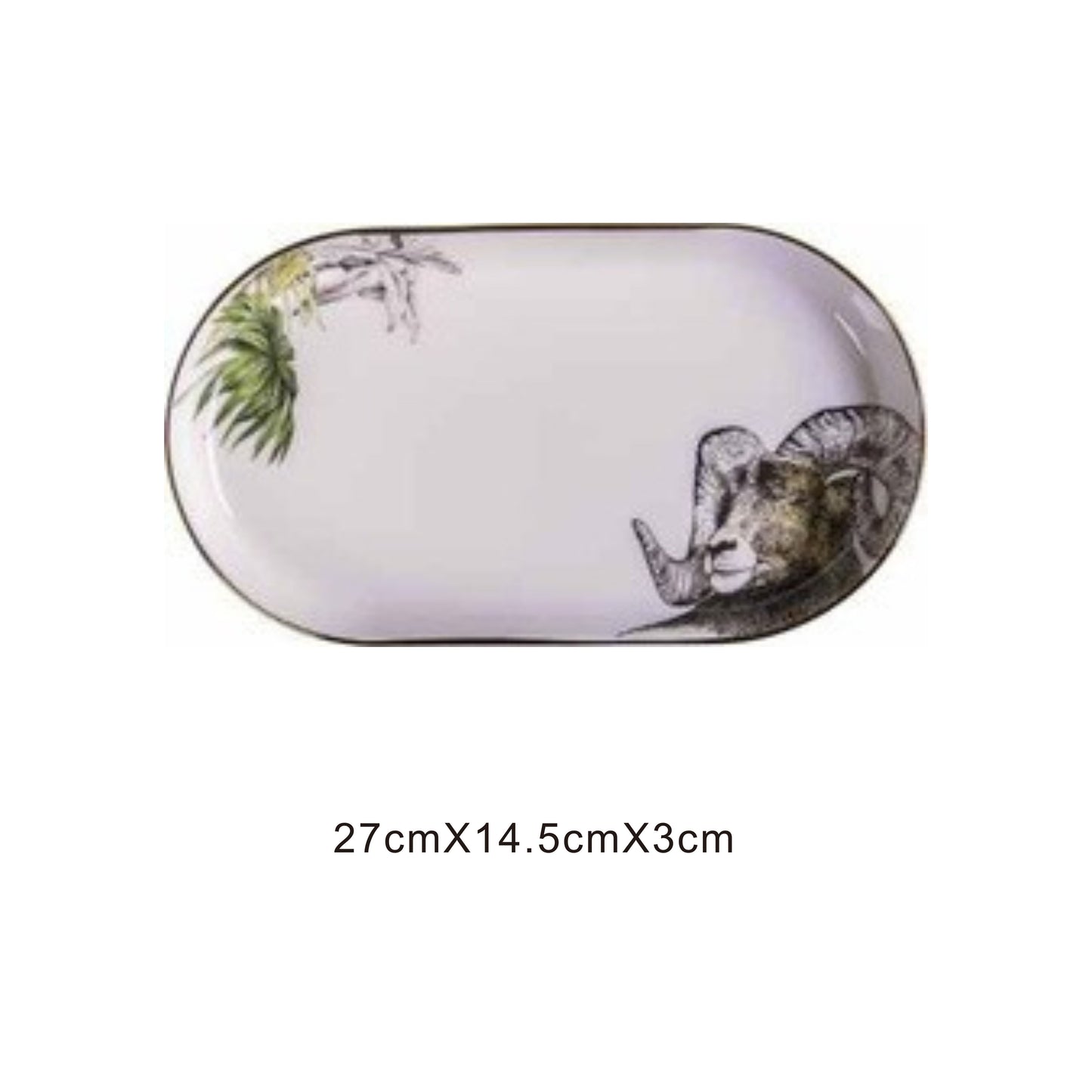 White ceramic pill-shaped serving dish with animal face design, golden edges, and shiny surface