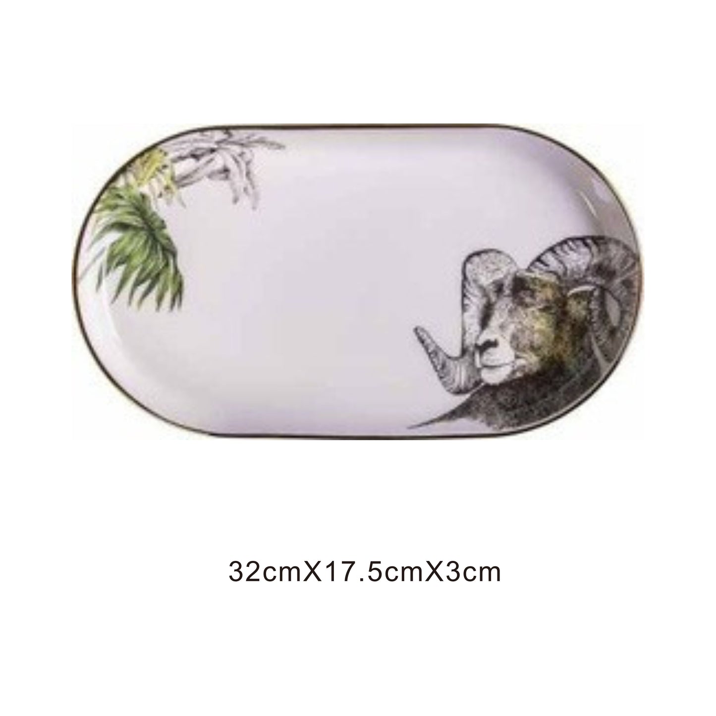 White ceramic pill-shaped serving dish with animal face design, golden edges, and shiny surface