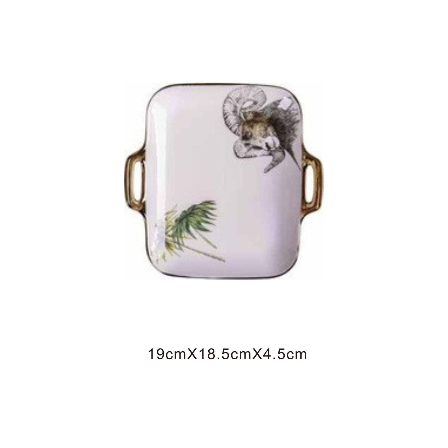 White ceramic rectangular serving dish with animal face design, golden edges, and shiny surface
