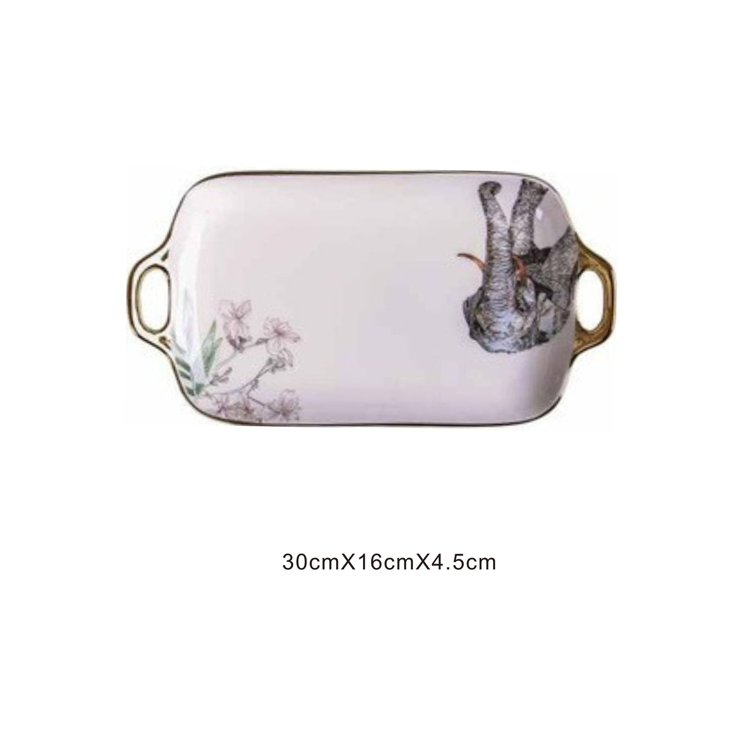 White ceramic rectangular serving dish with animal face design, golden edges, and shiny surface