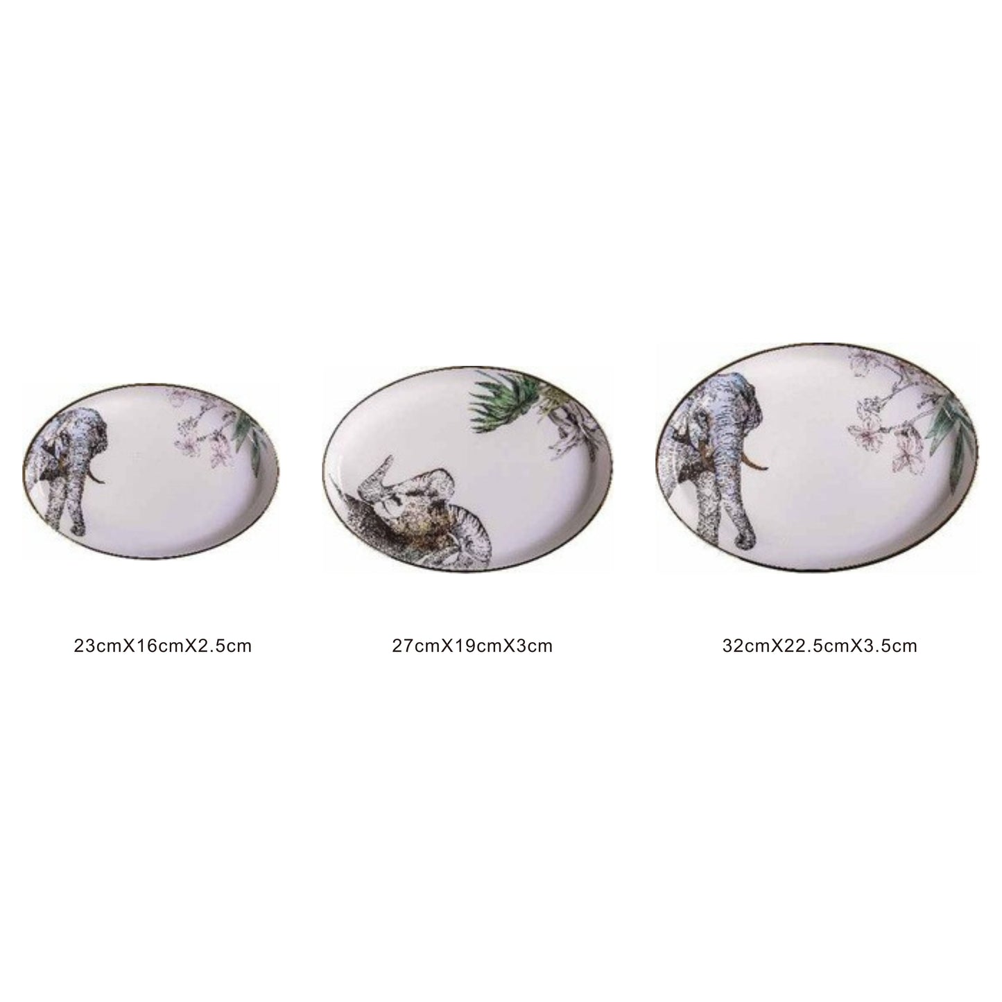 White ceramic oval serving dish with animal face design, golden edges, and shiny surface