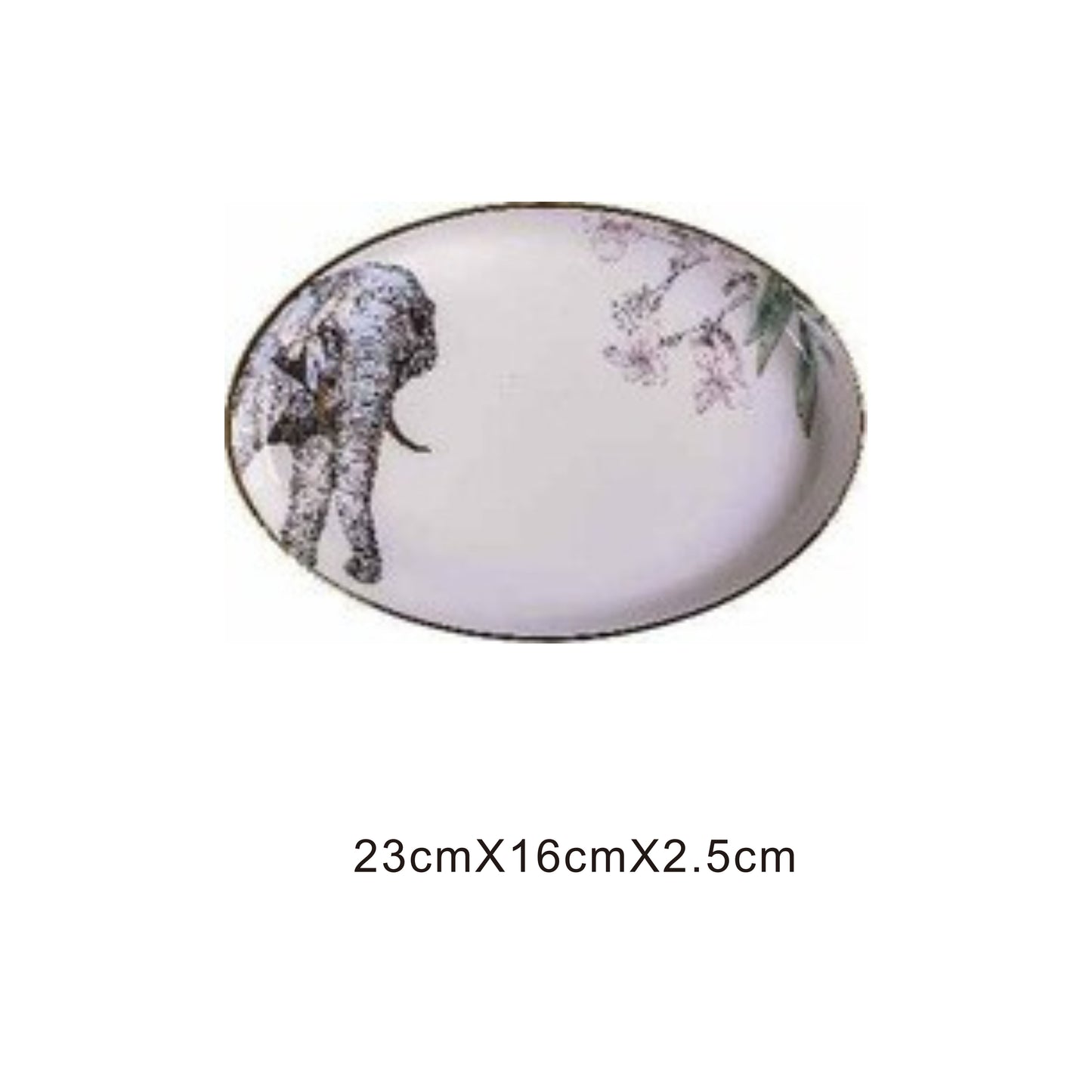White ceramic oval serving dish with animal face design, golden edges, and shiny surface