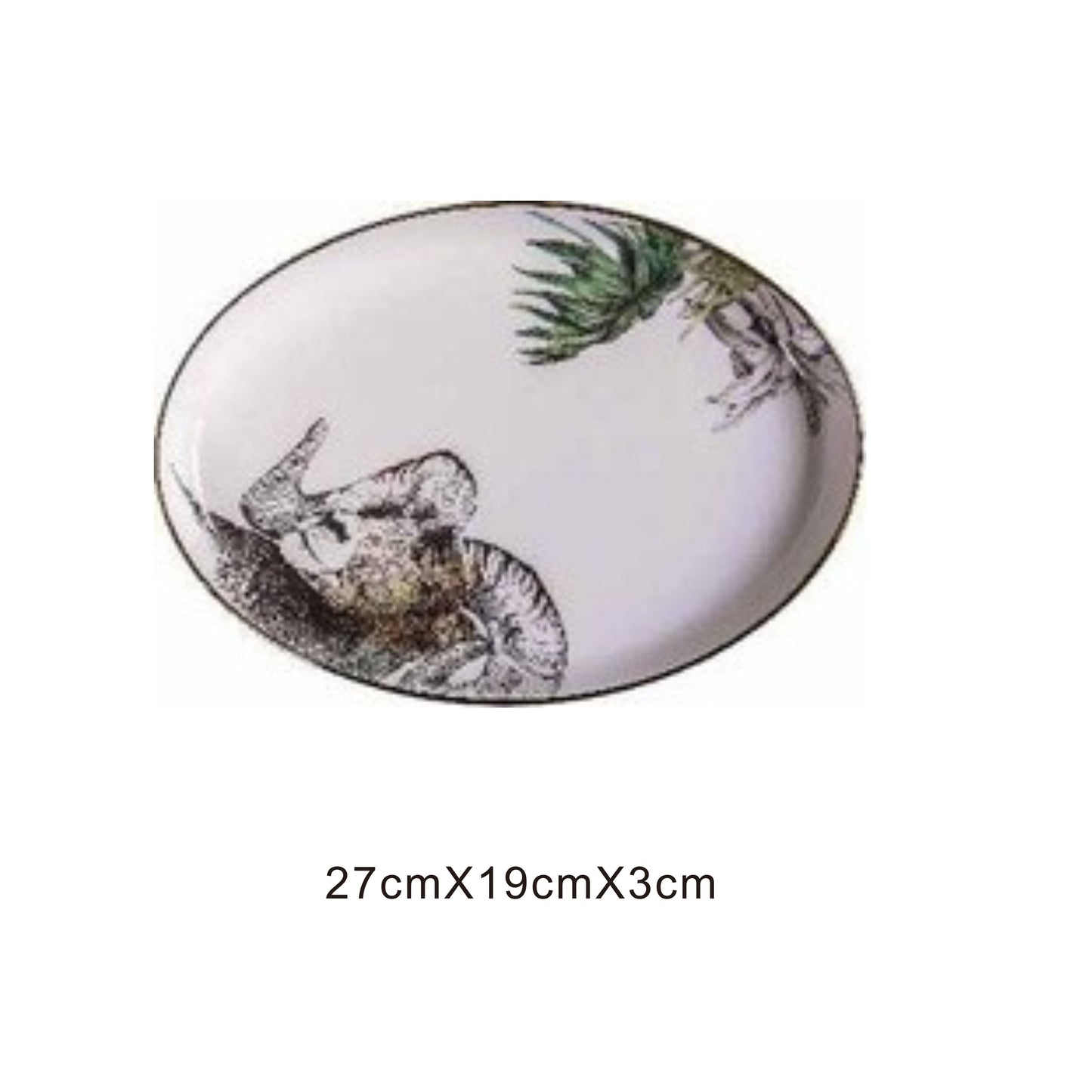 White ceramic oval serving dish with animal face design, golden edges, and shiny surface