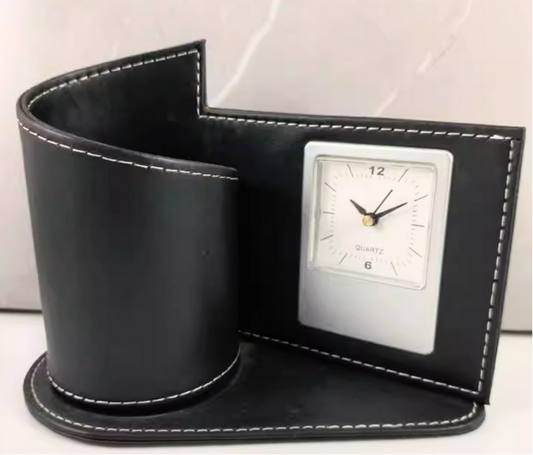 PU Leather Desk Set with Clock, Storage Organizer