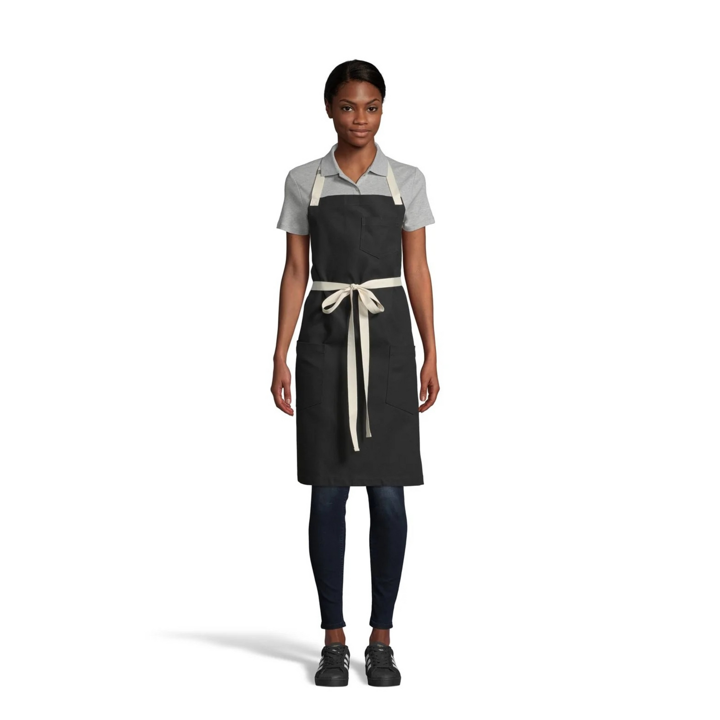 Black Bib Apron with Contrast Beige Straps & Pockets