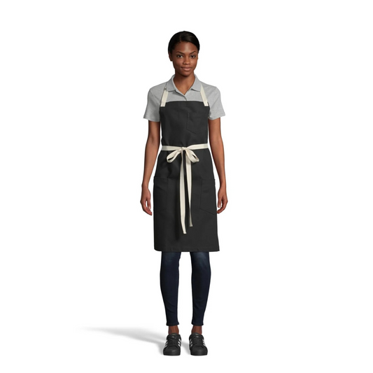 Black Bib Apron with Contrast Beige Straps & Pockets