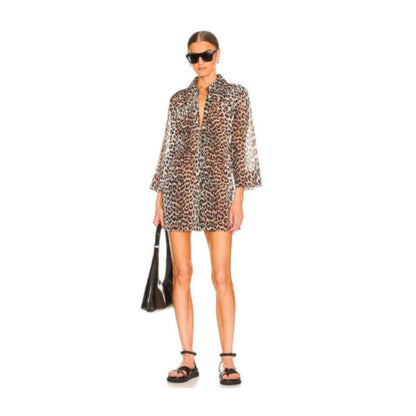 Beach Wear Shirt Dress – Sheer Leopard Print Cover-Up